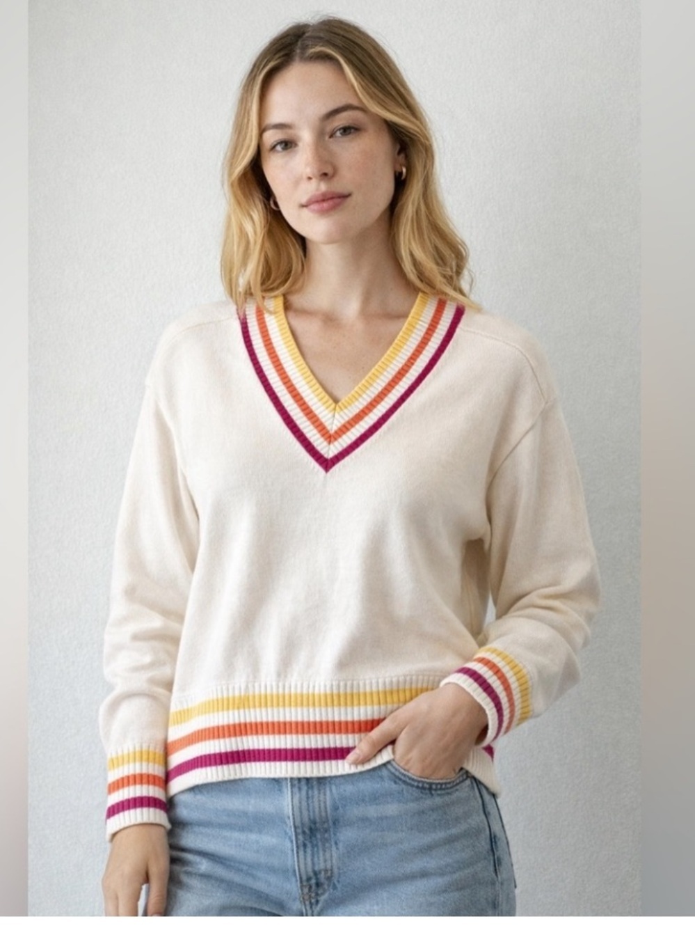 Kerri Rosenthal Get Happy Cream V-Neck Sweater with Pink and Yellow Stripe Trim